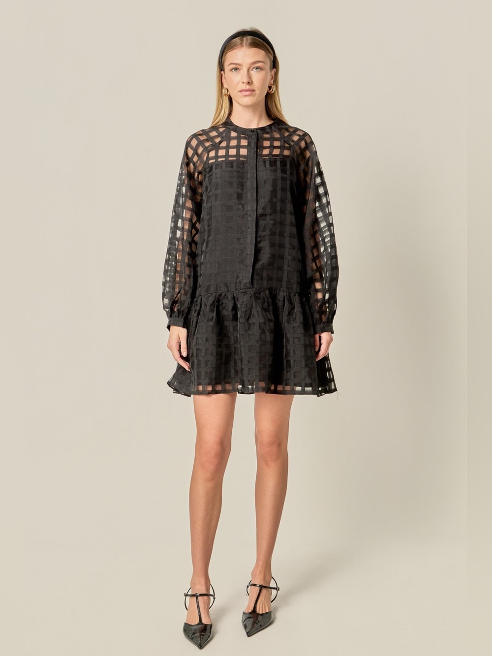 English Factory Sheer Checkered Organza Long Sleeve Mini Dress Size Large